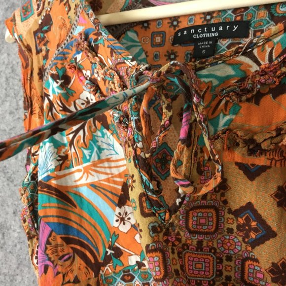 Sanctuary Top S Boho Geometric Motif Cap Sleeve Ruffle Keyhole Tank Mixed Print - Picture 9 of 12